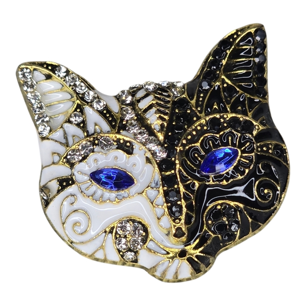 Cat Mask Mardi Gras Black White Rhinestone Brooch Pin